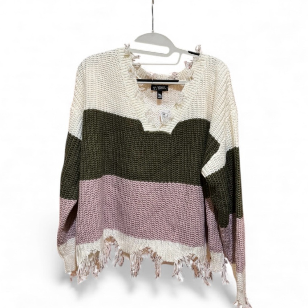 Elegant V-Neck Frayed Sweater with Fringe Details, XL